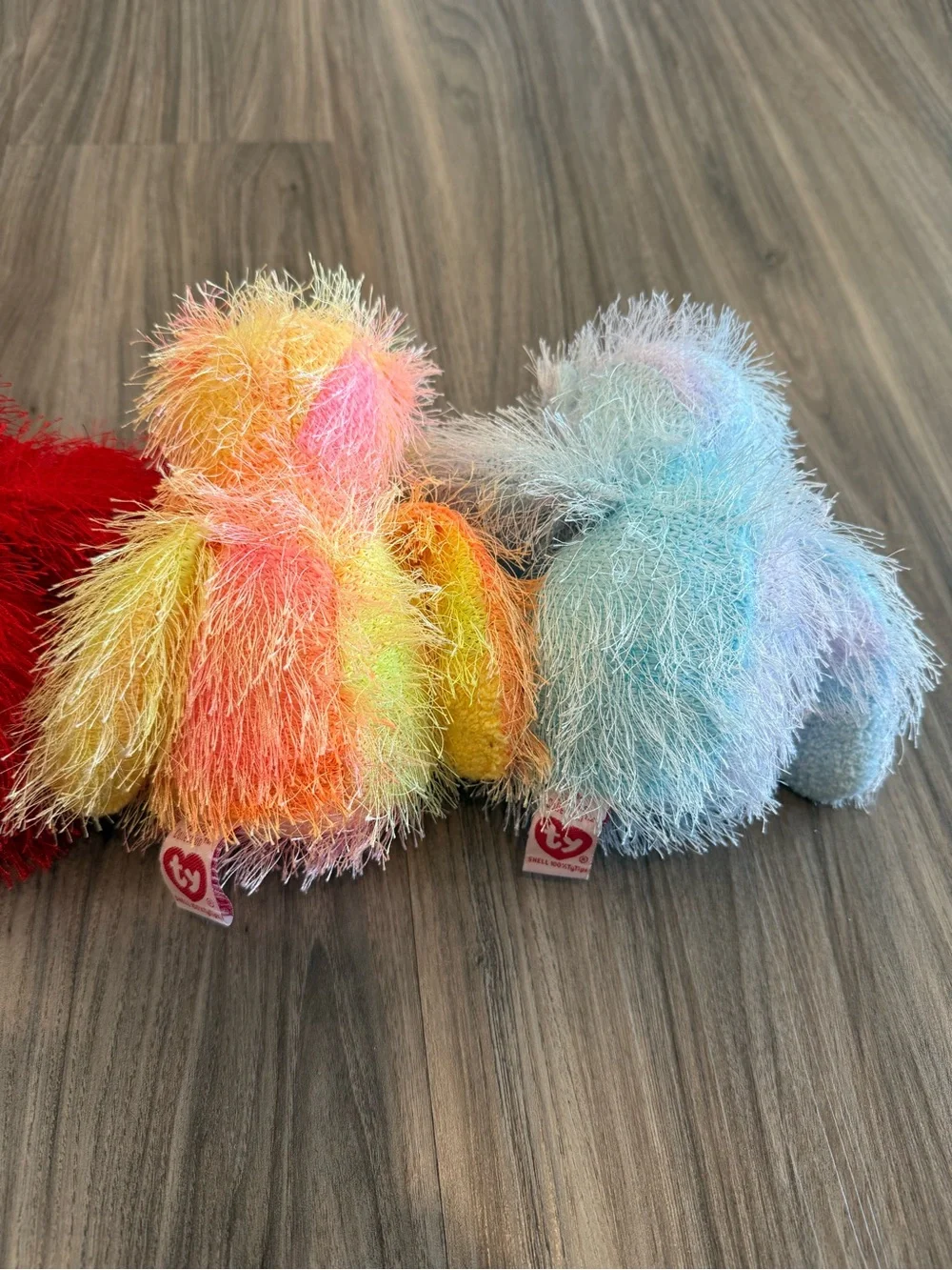 4Pc Ty Fuzzy Plush Animals - Yellow, Red, Rainbow, Light Blue